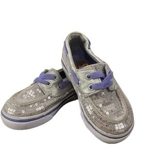 Dora the Explorer Boat Shoes Kids Size 7 Silver Sequin Sparkle Purple Trim